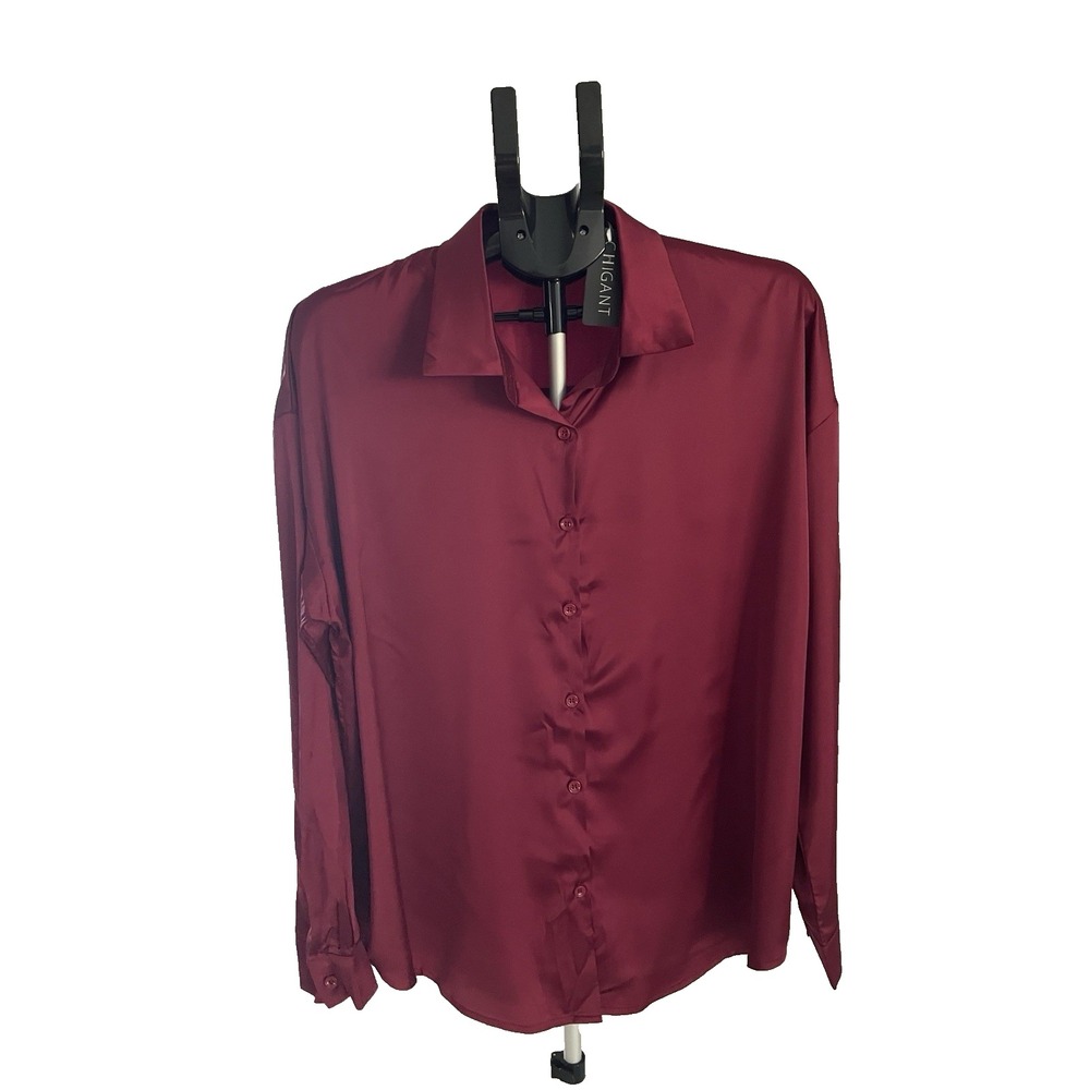 Chigant Ladies XXL Cranberry Silky Blouse Collared‎ Business Career Wear